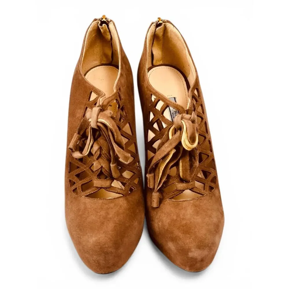 Prada Calzature Donna 100 Paglia Suede Lace Up Stiletto EU 38.5 Natural Tan Rosa - Picture 7 of 7